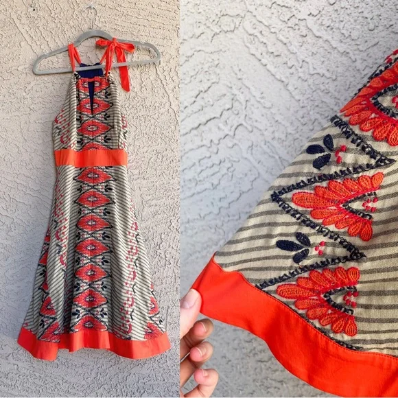 ANTHROPOLOGIE EVA FRANCO Orange Tan & Blue Boho Tribal Embroidered Halter  Dress
